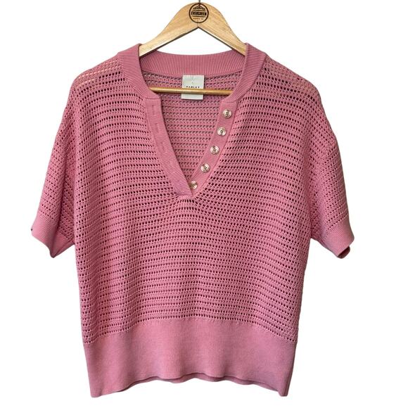 Varley Callie Open-Knit Cotton Top Short Sleeve Button Summer Pink Women’s Small - Picture 1 of 10